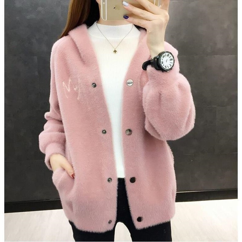 Imitation Mink Velvet Hooded Sweater 2023 New Korean Style Knitted Cardigan Women's Top Loose Jacket Women's Short Style