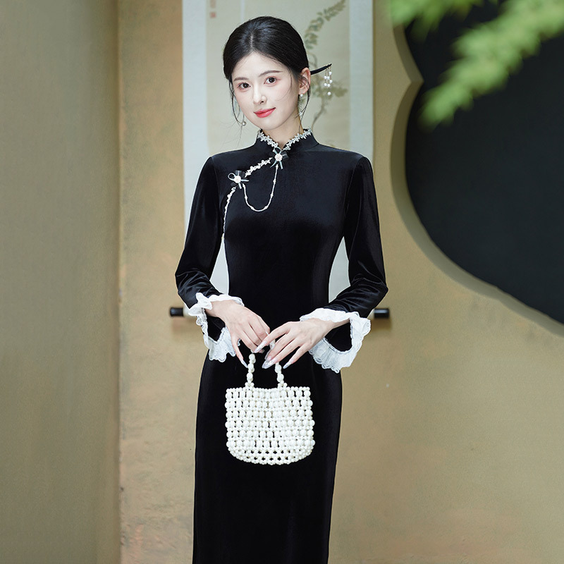 黑色丝绒国风新中式苏州秋季长袖旗袍改良年轻款女高级感复古春秋|undefined