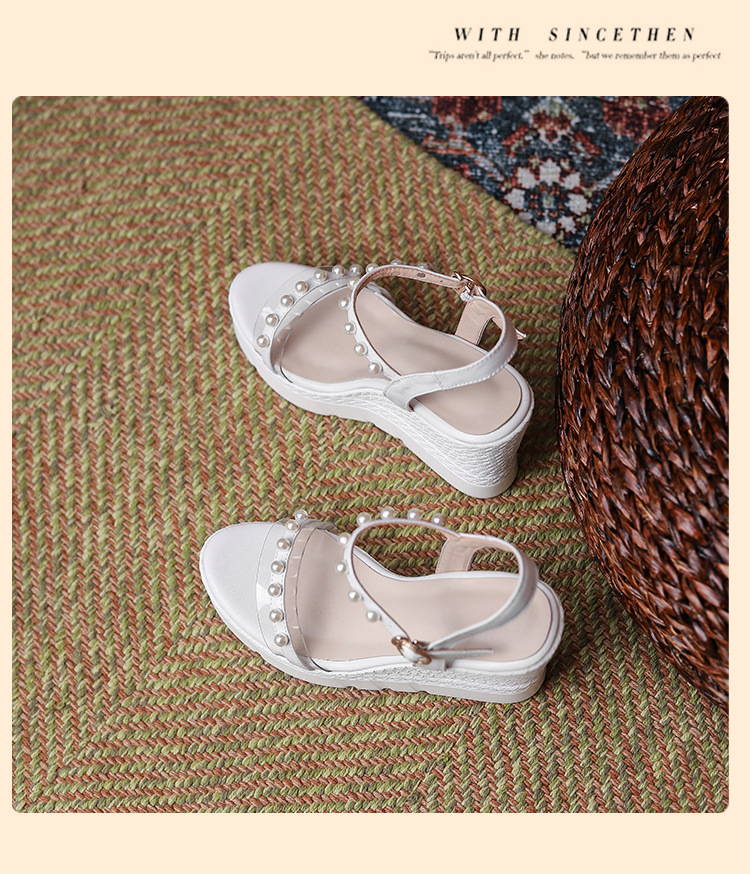 Sandal cao gót nữ hở mũi quai ngang đính ngọc trai, đế xuồng dày dáng La Mã — màu trắng, màu mơ chi tiết 14