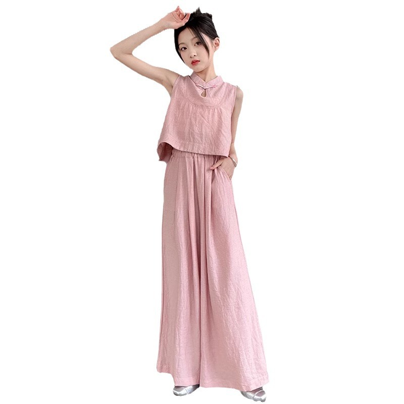 Sommeroutfit für Mädchen im chinesischen Stil 2024, neues mittelgroßes Westenoberteil mit weiten Beinen und stylischem zweiteiligen Set für Kinder_voghion.com