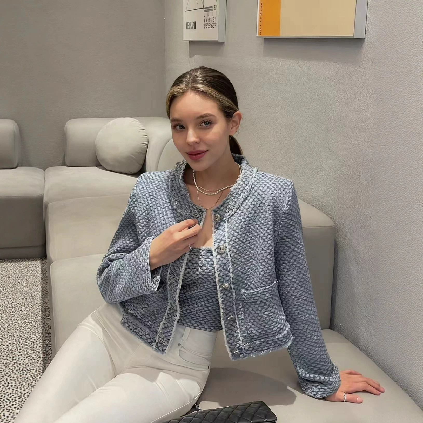 Демисезонная модная куртка, джинсовая юбка, кардиган, стиль Chanel