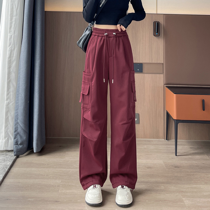 American-Style Fleece-Lined Cargo Pants for Women, Winter New Small Casual Loose Jogger Wide-Leg Hiking Sports Pants 3359