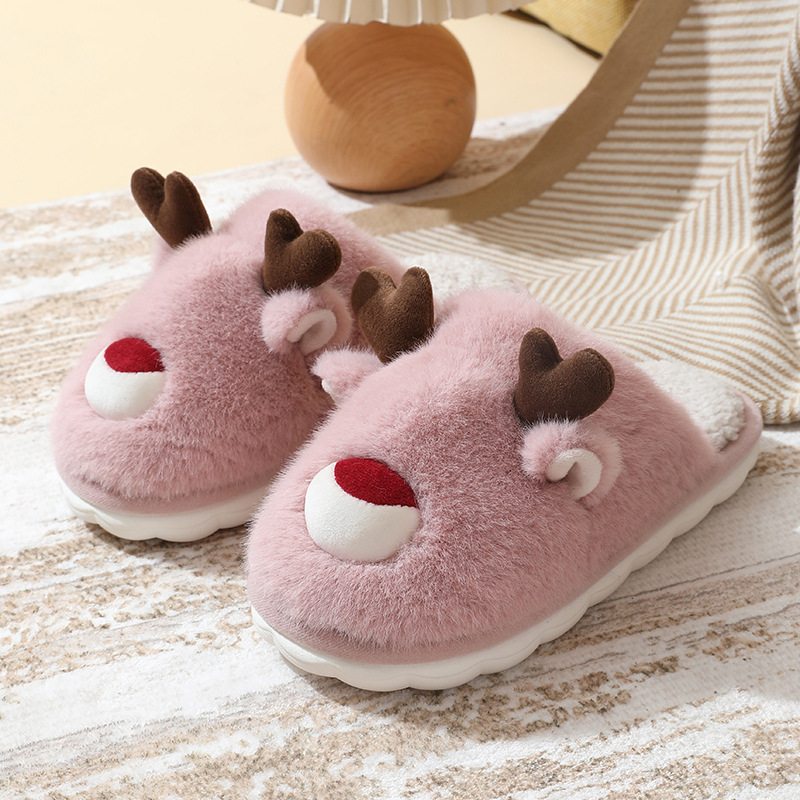 Zapatillas de algodón para mujer, alce navideño, pantuflas peludas de otoño e invierno, para interior del hogar, antideslizantes, cálidas zapatillas de algodón para niños