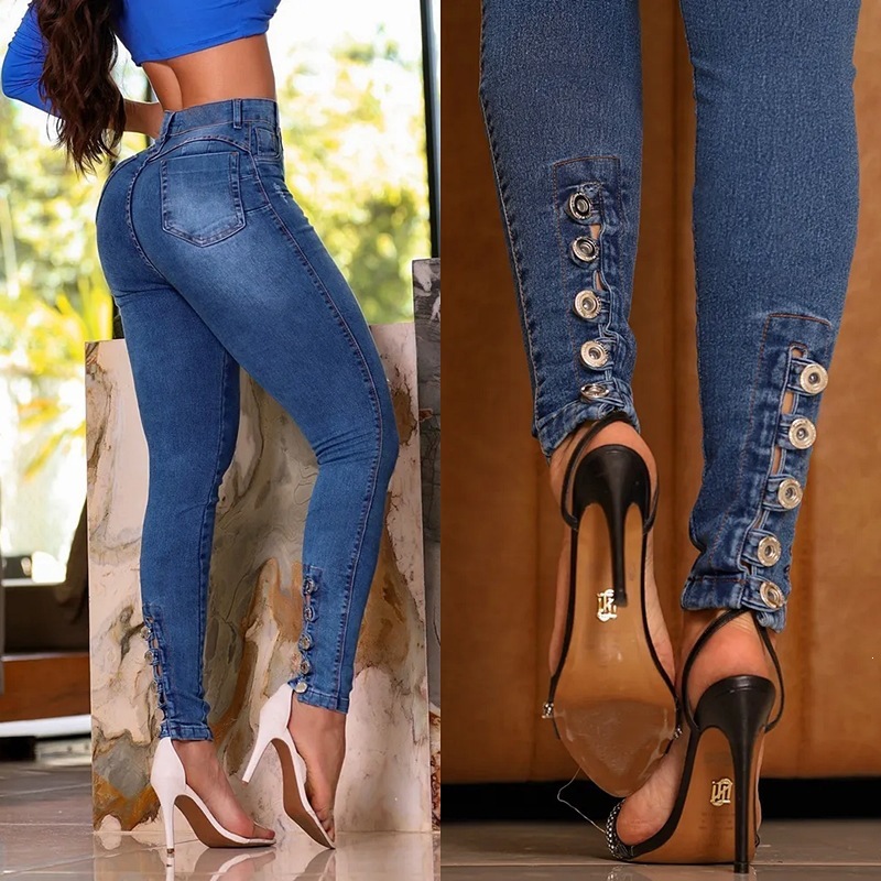 Jeans Entubados de Tiro Alto para Mujer de Algodón y Poliéster con Botones