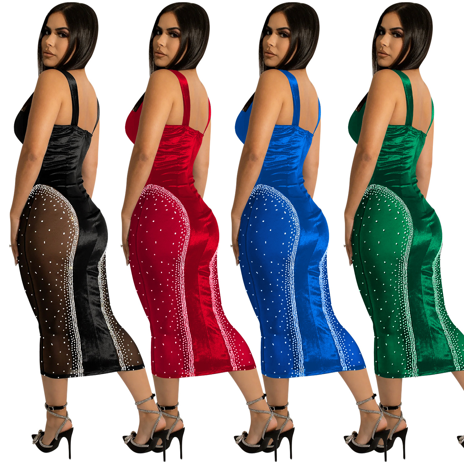 C5906 transfronteriza AliExpress Amazon color sólido sexy Sling envuelto pecho sin espalda apretado vestido de malla elástica image 6