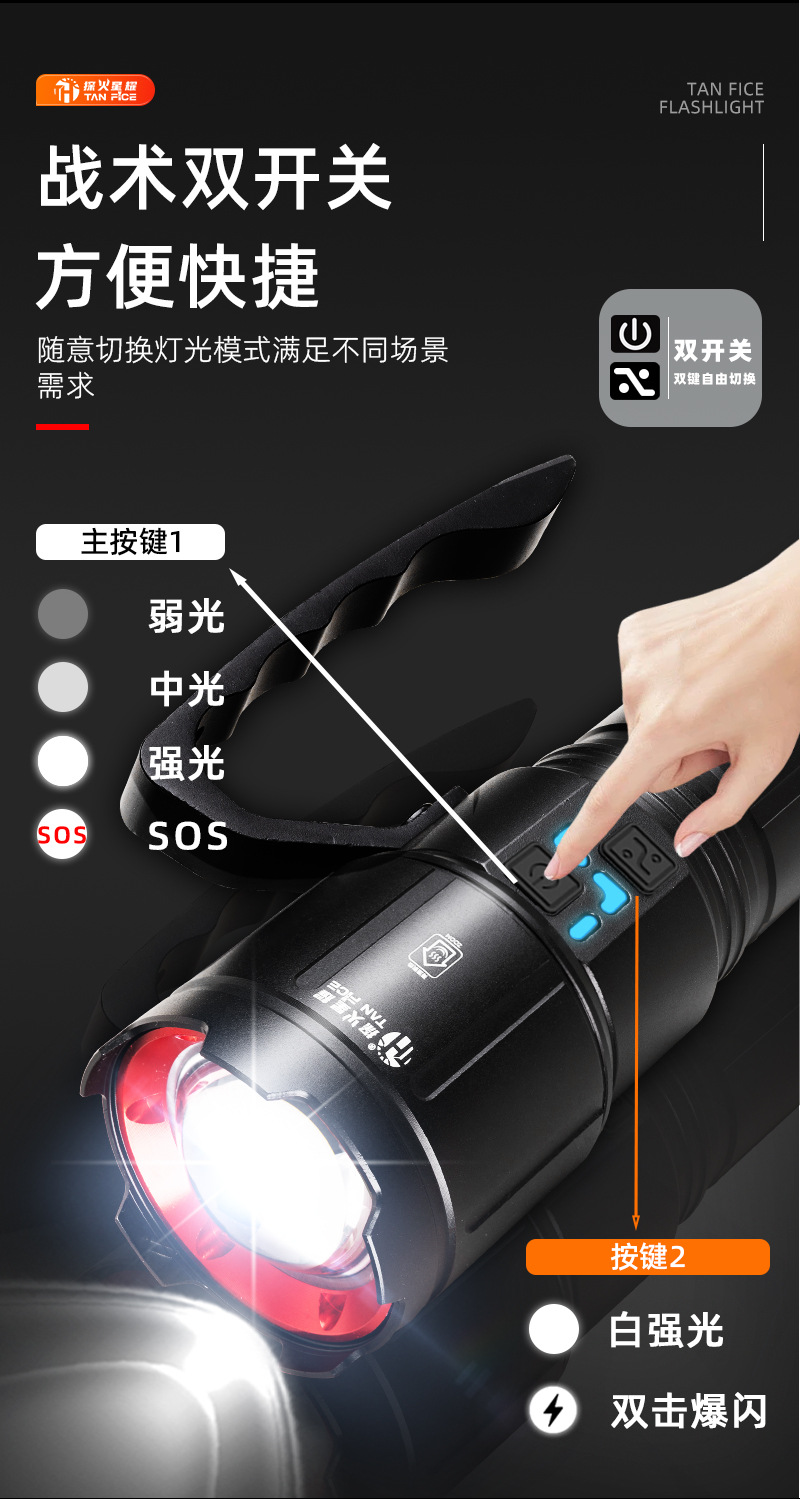 Aluminum Alloy Flashlight, Outdoor Strong Light, Multi-Functional Outdoor Emergency Light, Large Lithium Battery, Ultra-Bright Flash, Strong Light, Long-Range Spotlight