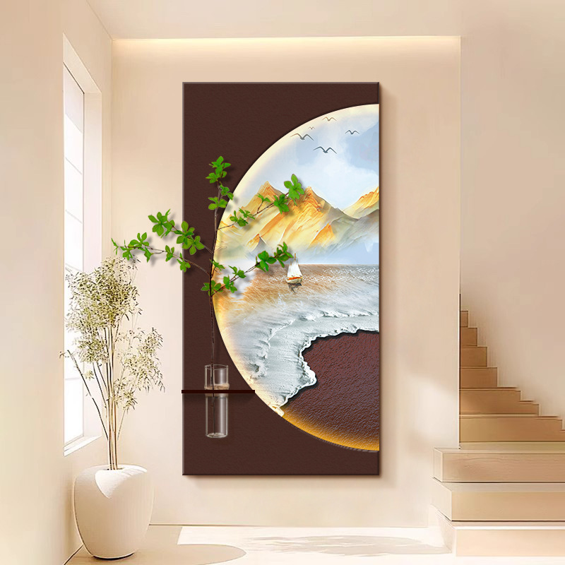 日照金山玄关装饰画水培绿植发光灯画竖版沙岩画高级感立体实物画|undefined