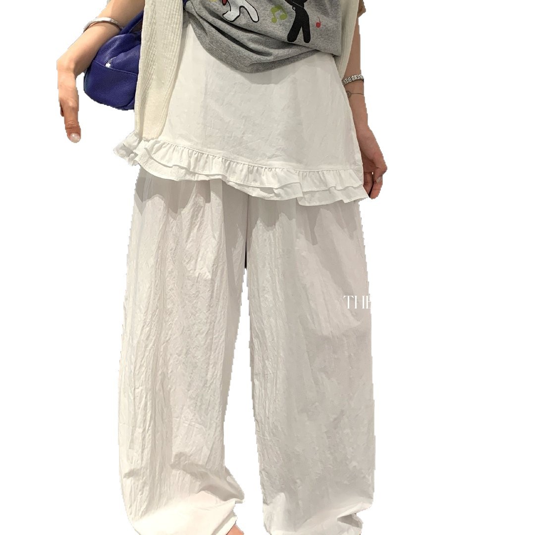 Quần culottes nữ ống rộng cạp cao, phối viền ren xếp tầng, dáng suông rộng, thanh lịch và thoải mái — màu đen, Xanh da trờicolor, màu trắng, Đá vôi