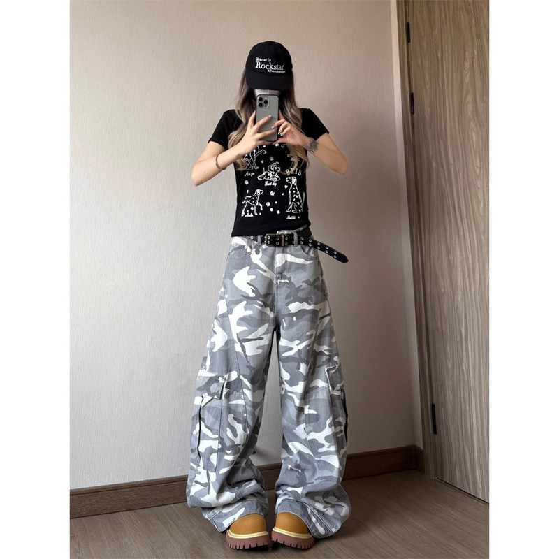 ヨーロッパとアメリカのレトロな白い迷彩ワイドレッグオーバーオール女性の夏のトレンディなルーズデザインヒップホップヒップホップシミターパンツ|undefined