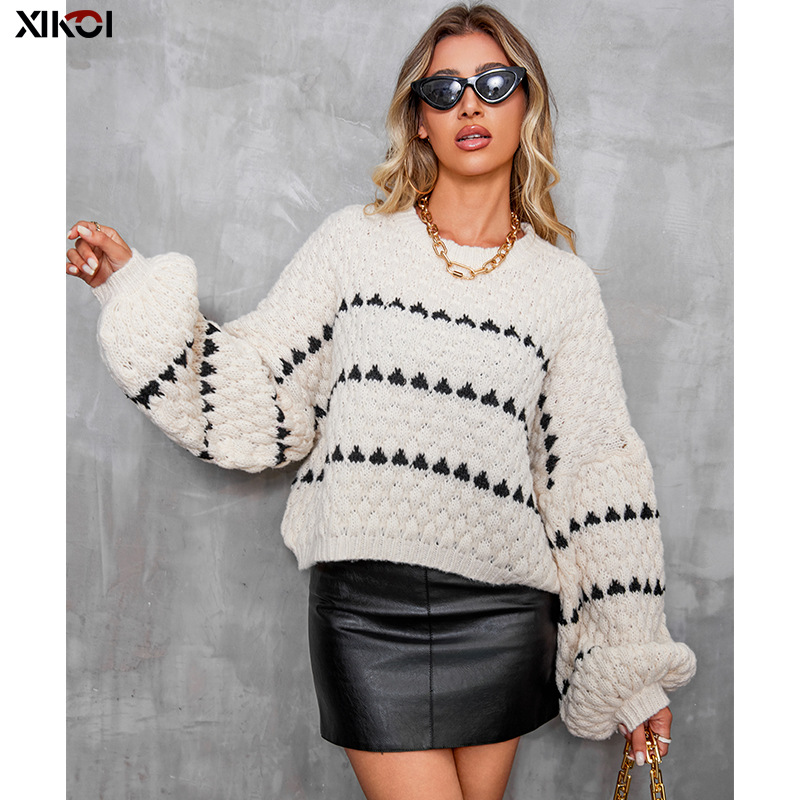 Women's Clothing Striped round neck pullover thick needle sweater women's loose lazy style new long sleeved knitted sweater top trend_voghion.com