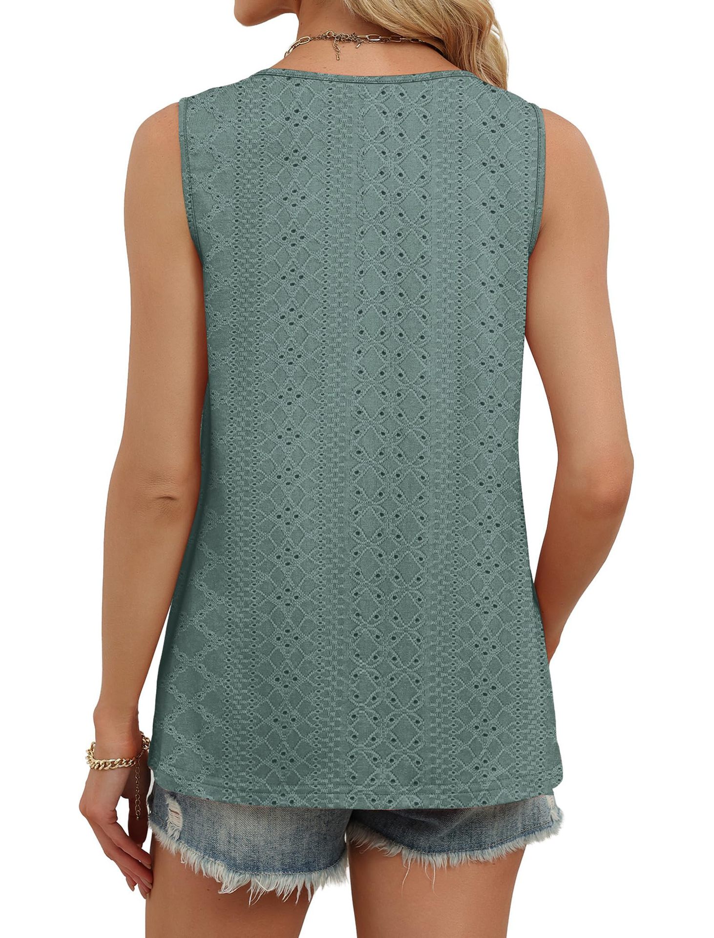 Women's Loose Casual Top V Neck Sleeveless Vest Eyelets American Summer New_ecoleips.com