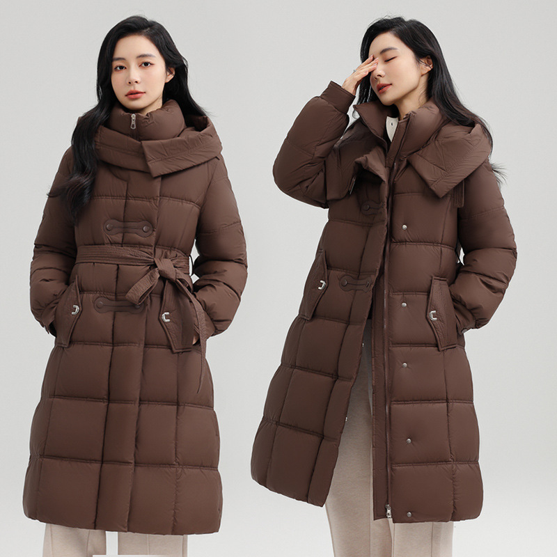 大码欧洲站2025新款时尚修身系带连帽羽绒棉服女长款加厚过膝大衣|undefined
