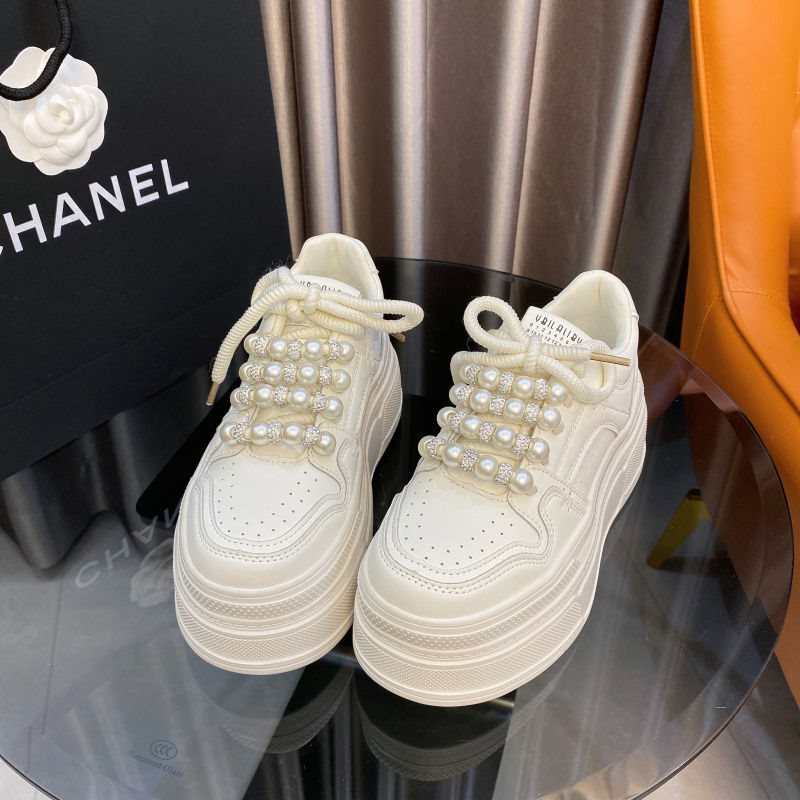 2025 Spring Fashion Platform Sole Heavy-Duty Rhinestone Dad Shoes Women's Beaded White Shoes Women's Height-Increasing Thick-Soled Sneakers