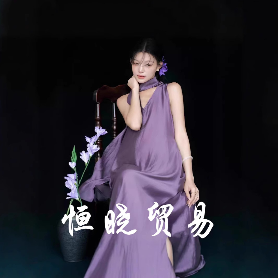 새로운 스튜디오 심플 스타일 스튜디오 임산부 사진 촬영 롱 스커트 순수한 욕망 스타일 보라색 드레스 임산부 큰 배 사진