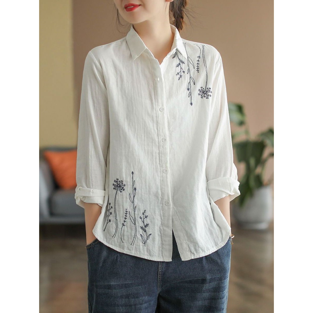 棉麻衬衫女士春秋2025新款女装妈妈春装长袖衬衣外套大码休闲上衣