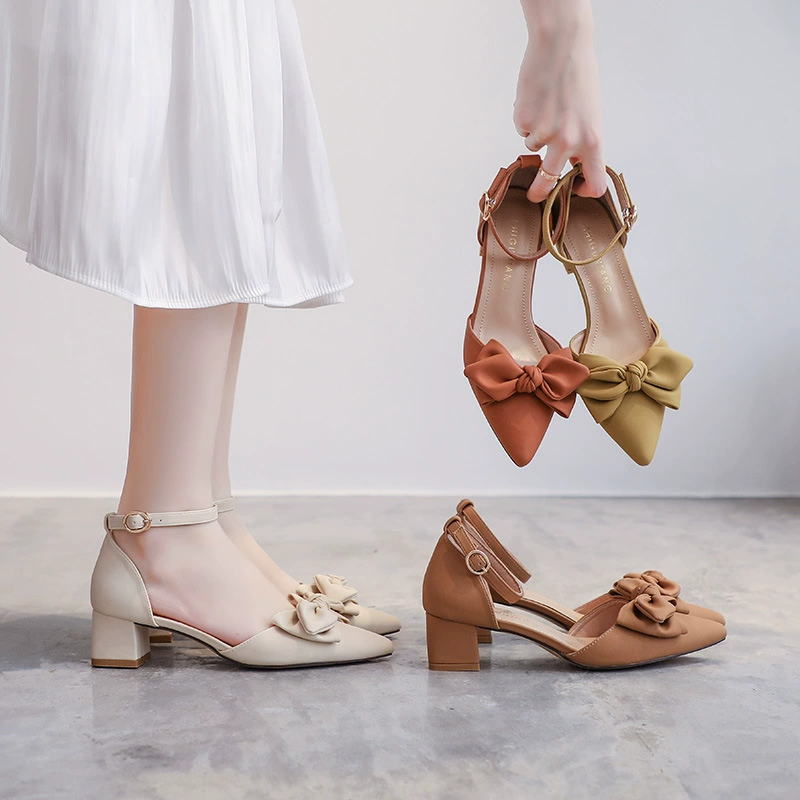 Женские босоножки Baotou на массивном каблуке 6807-33, полые одиночные туфли в стиле феи с бантом, в стиле Джокера