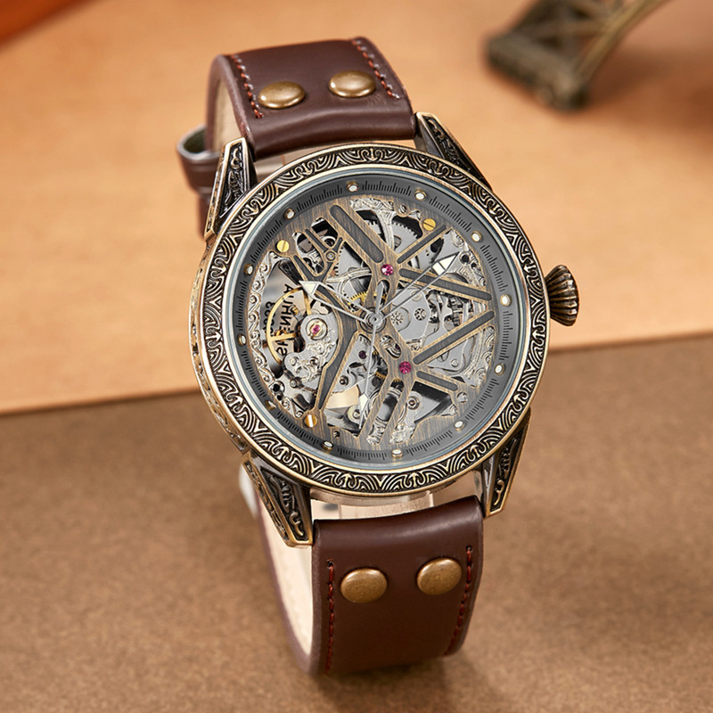 Comercio exterior Venta caliente SHENHUA hombres de moda hueco reloj mecánico de bronce reloj mecánico automático