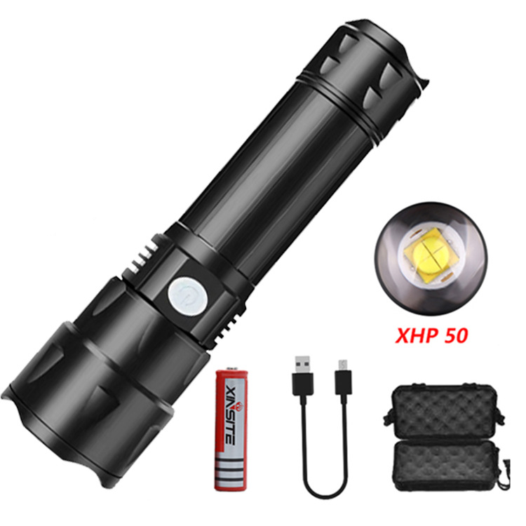 Transfronterizo nuevo XHP50 linterna de luz fuerte USB recargable zoom telescópico bajo recordatorio eléctrico linterna de iluminación al aire libre