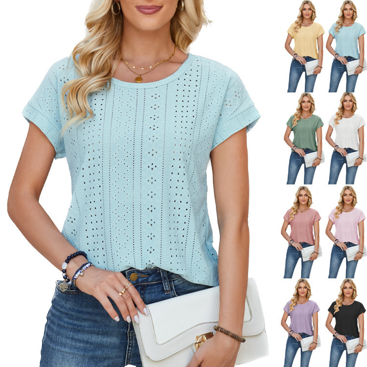 European and American Cross-Border Export Women's Clothing 2024 Amazon Spring and Summer New Loose Round Neck Eyelet Lace Pure Color T-Shirt