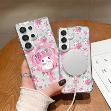 女款S22plus三星手机保护套S25可爱女孩花朵S23磁吸手机壳透明S24