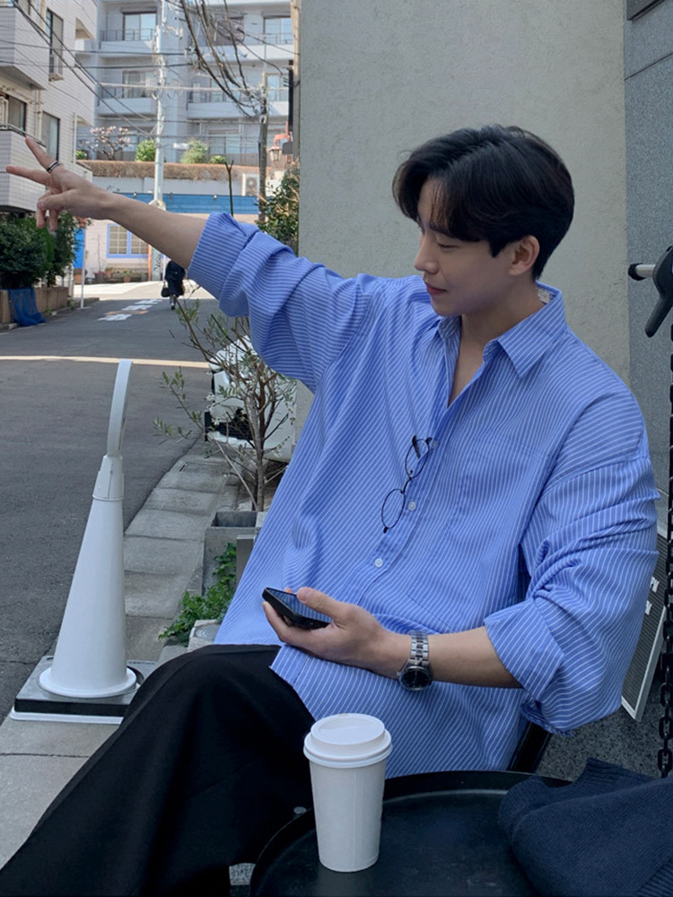 Myq日系ストライプシャツ男性長袖2023秋新作韓国版ゆるいデザインシャツ