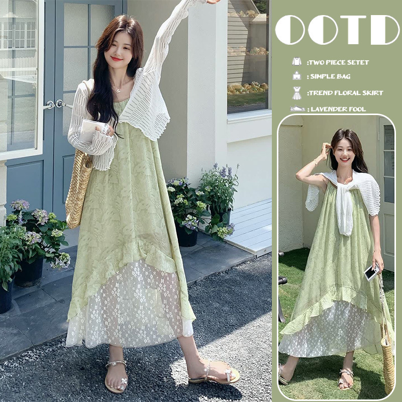 In-Stock Maternity Dress, Forest-Style Green Lace Patchwork Spaghetti Strap Dress, New Summer Model for Women, Romantic and Unique, Stunning Long Dress In-Stock Maternity Dress, Forest-Style Green Lace Patchwork Spaghetti Strap Dress, New Summer Model for Women, Romantic and Unique, Stunning Long Dress