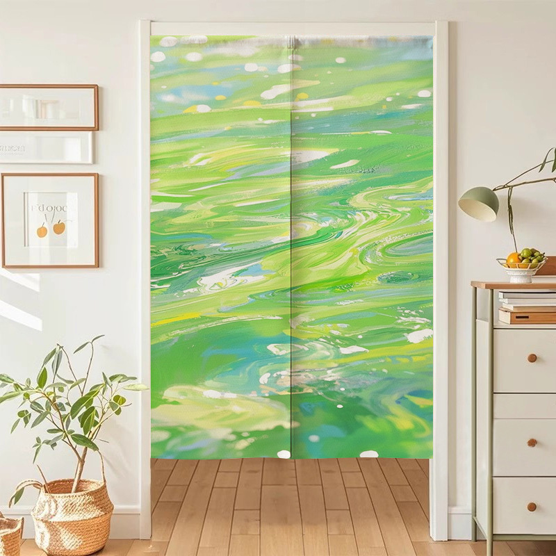 Oil Painting Style Fresh Green Series Bedroom Door Curtain Partition for Privacy Protection, Trendy Home Use, No-Drill Toilet Partition Curtain