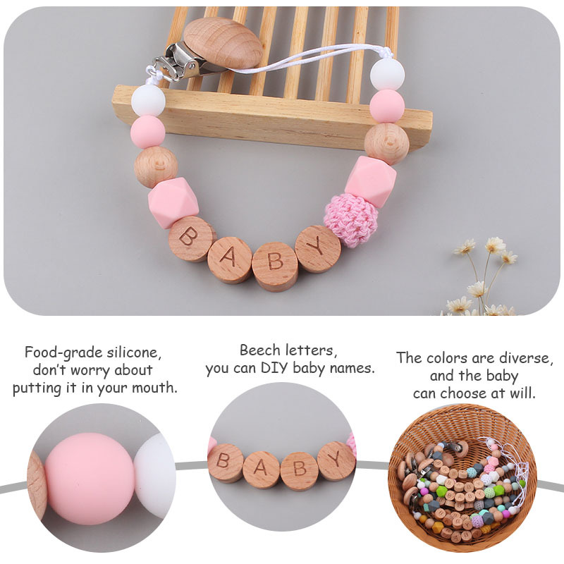 Nuevos suministros para bebés Clip de haya cadena anti-caída calmante bebé cuentas de silicona DIY nombre pezón cadena anti-caída