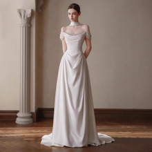 欧美一字肩轻婚纱时尚收腰小拖尾新娘订婚宴写真礼服气质出门纱