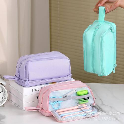Double-layer double-opening window pen bag, minimalist monochrome large-capacity multi-functional storage bag, suitable for primary school students, durable stationery storage bag