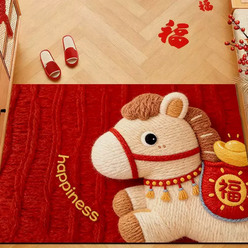 卡通编织风小马水晶绒地毯2026新年新款红色进门刮土蹭土玄关地垫
