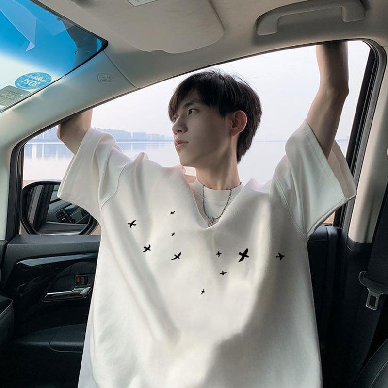 Pure Cotton Round Neck Short-Sleeved T-Shirt for Men in Summer, American Trendy Design, Loose Swallow Print Pullover Half-Sleeved Top