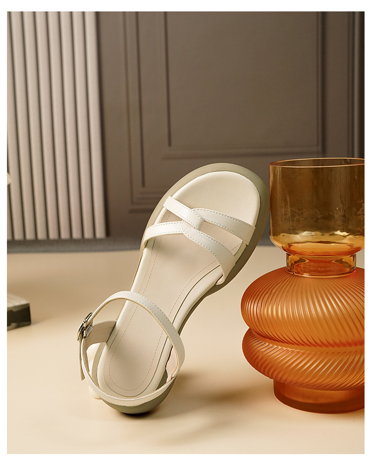 Sandal nữ đế bằng da thật quai chữ V mùa hè chống trượt — Màu đen chi tiết 22