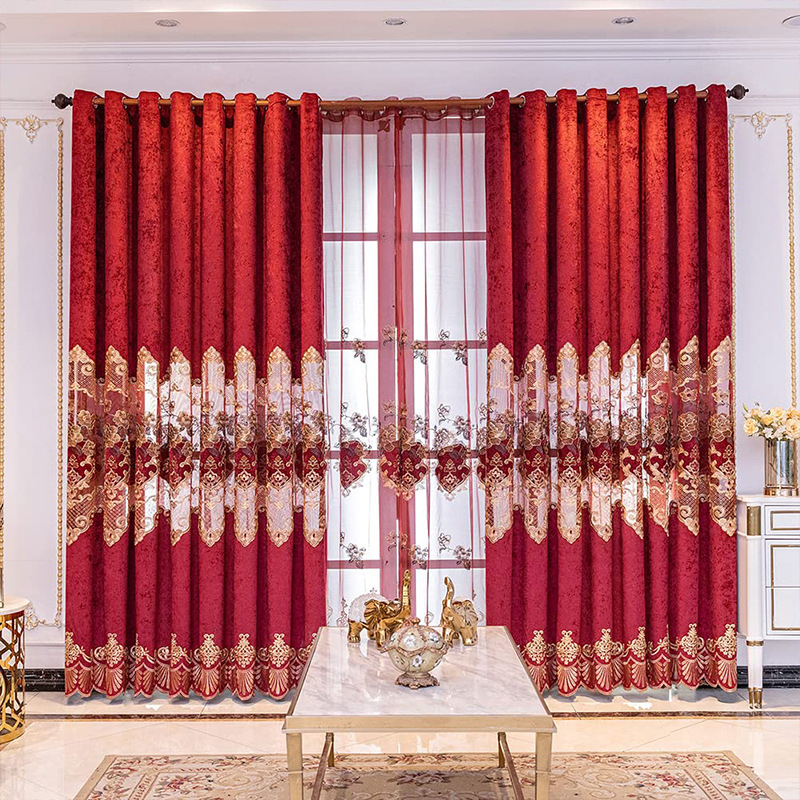 Cross-border in stock European-style Thickened Chenille Living Room Bedroom Shading Finished Curtain Embroidered Red Cross-border in stock European-style Thickened Chenille Living Room Bedroom Shading Finished Curtain Embroidered Red