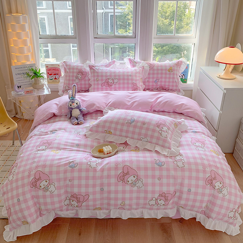 三丽鸥纯棉花边款四件套全棉公主风卡通HelloKitty床单被套床裙款|undefined