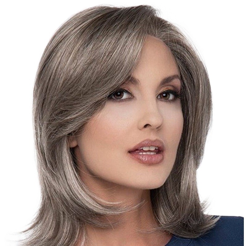 Cross-border foreign trade wig ladies short straight hair long bangs gray brown chemical fiber headgear high temperature silk factory direct wholesale