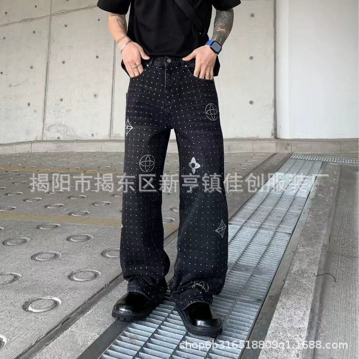 Мужские джинсы в стиле американской ретро-моды, свободные прямые брюки, прямые поставки из-за границы, модные, стильные, с эффектом выстиранности.