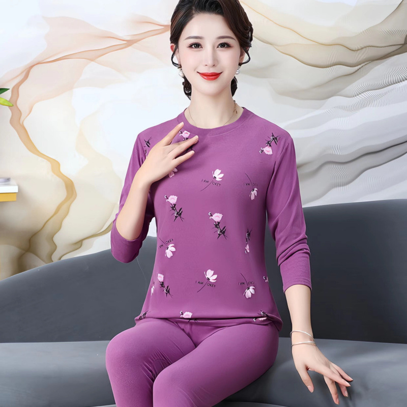 여성용 가을 겨울용 보온 속옷 슈트, 중장년 여성을 위한 독일산 벨벳 얇은 가을용 옷과 가을용 바지, 자체발열 라운드넥 셔츠 바텀