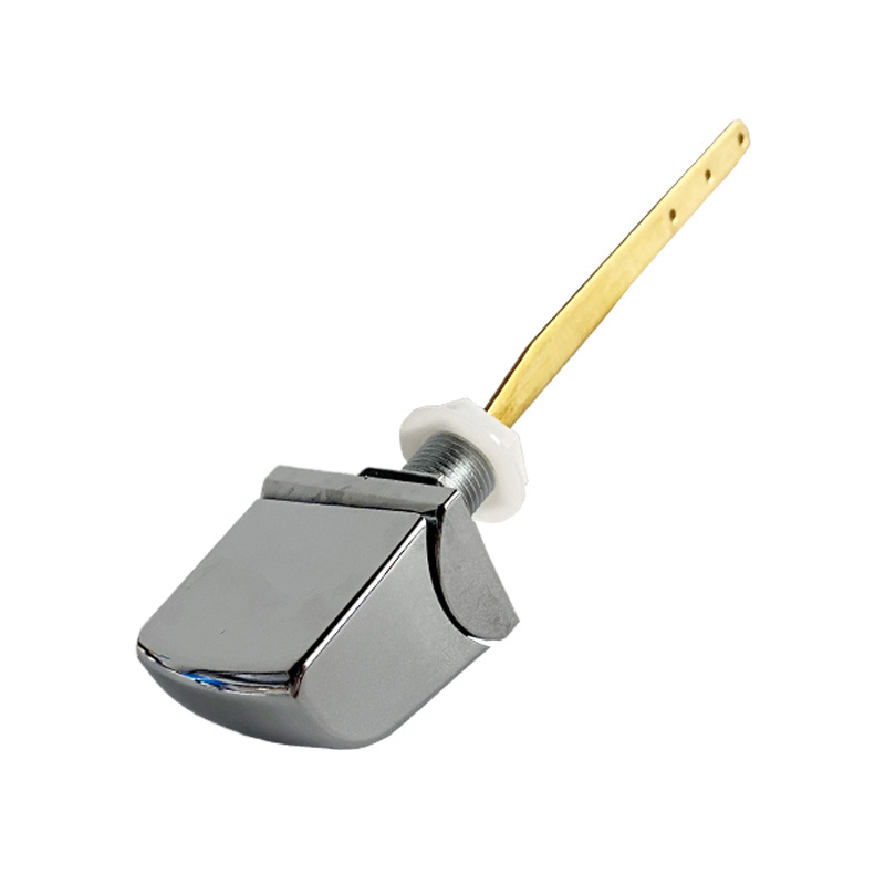 Old-style toilet tank accessories, front and side views, toilet flush handle, brass, extended rod, handle, button switch