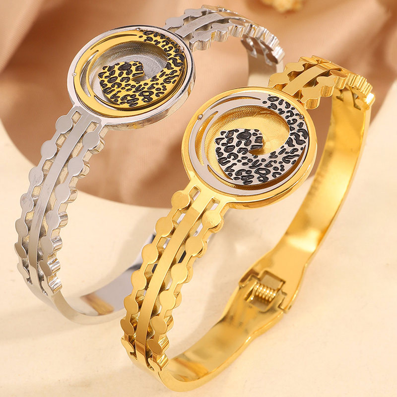 Brazalete de acero de aluminio de aluminio de estilo europeo y americano de moda transfronteriza disco leopardo abierto dominante no se desvanece joyas de brazalete
