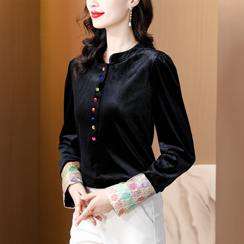 Stand collar gold velvet long-sleeved T-shirt bottoming shirt inner wear spring 2024 new women's vintage floral sleeve top