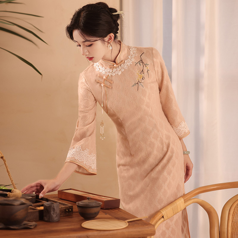 【熱銷同款】秋冬裝倒大袖國風中式長款改良旗袍年輕款女復古長袖