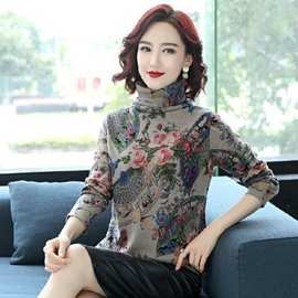 妈妈装2025秋冬新款印花时尚加绒打底衫大码女装高领百搭长袖T恤