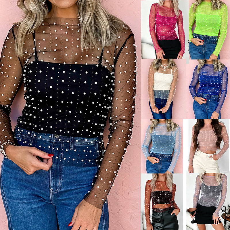 European and American Cross-Border Amazon Festival Hot-Selling Women's Clothing with Rhinestones, Beaded See-Through Mesh Long-Sleeve Women's Top