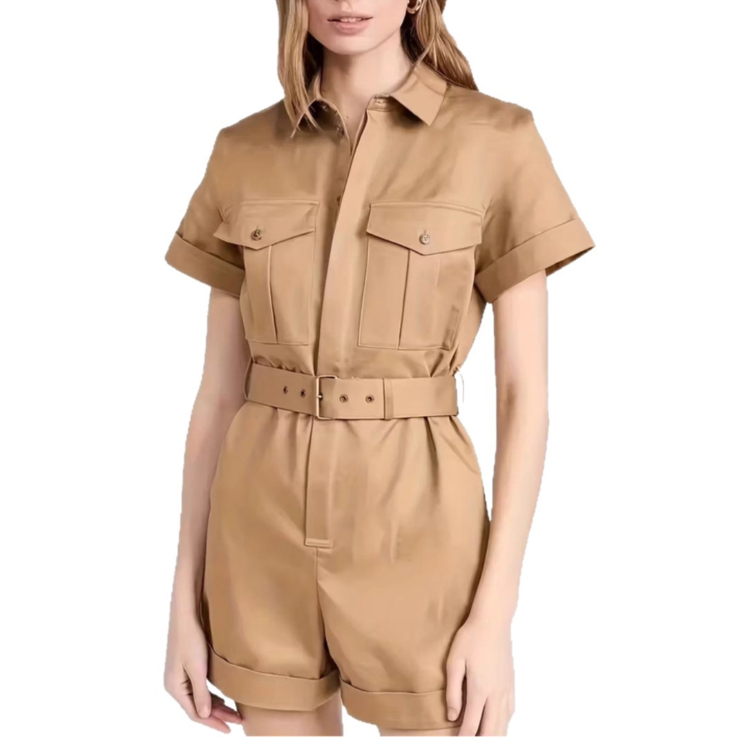 Women's Stylish Belted Jumpsuit With Pockets Workwear Style Casual With Collared Short Sleeves And Shorts Fashion_voghion.com