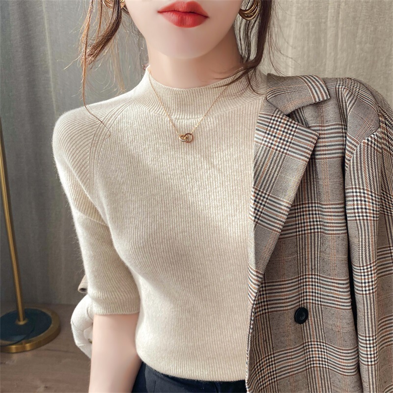 Women's half sleeve undershirt short top solid color spring and Western style half turtleneck sweater half sleeve sweater slimming Women's half sleeve undershirt short top solid color spring and Western style half turtleneck sweater half sleeve sweater slimming