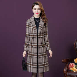 外贸女装修身显瘦羊毛呢子大衣女冬季新款复古格子中长款毛呢外套