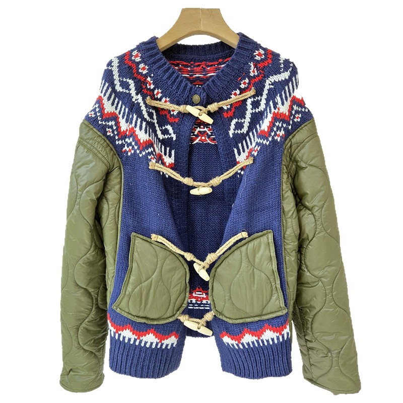 Corea del año 2025 otoño y invierno nuevo estilo perezoso de tejido de costura de color contraste chaqueta de algodón abrigo de diseño sensación de abrigo de moda