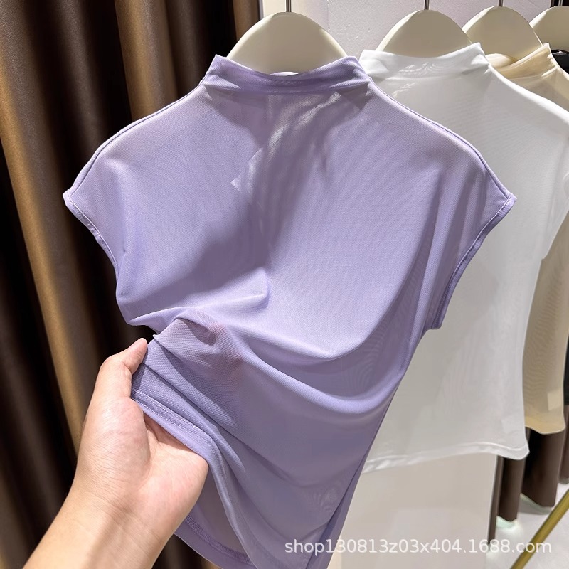 High-neck summer slim-fit short-sleeved T-shirt with straight shoulders, new style, sexy design, versatile base layer top.