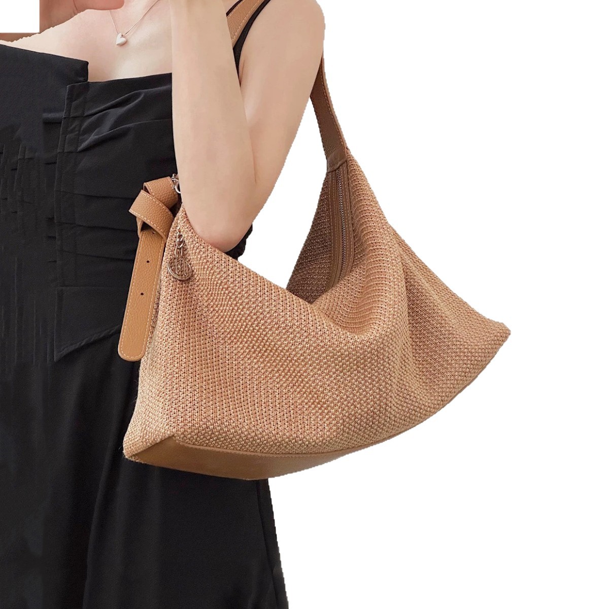 Raffia Woven Tote Bag For Women 2025 New Large Capacity Vacation Style Straw Bag Cowhide Crossbody Dumpling Bag - Thumbnail 5